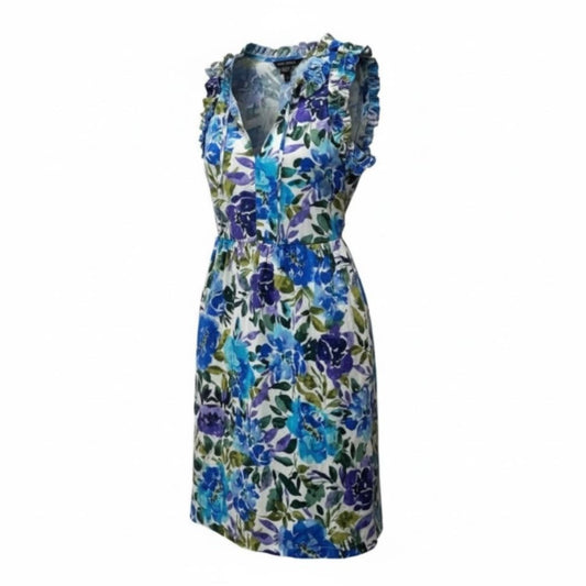 Floral Sleeveless Ruffle Dress By Maggy London Blue & Green US 6 Cotton Blend Made In Vietnam