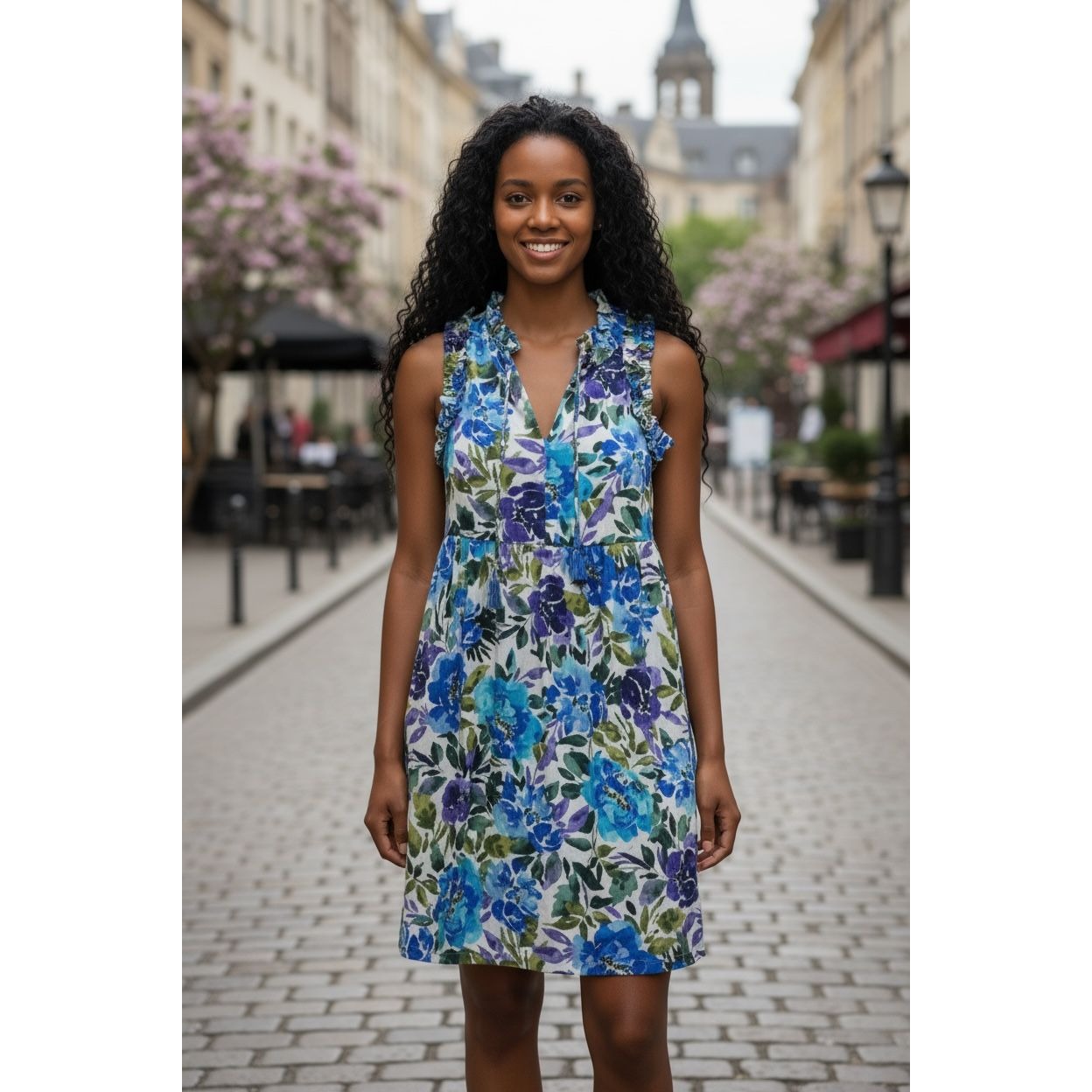 Floral Sleeveless Ruffle Dress By Maggy London Blue & Green US 6 Cotton Blend Made In Vietnam