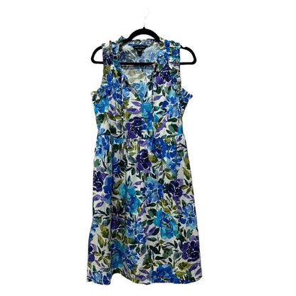 Floral Sleeveless Ruffle Dress By Maggy London Blue & Green US 6 Cotton Blend Made In Vietnam