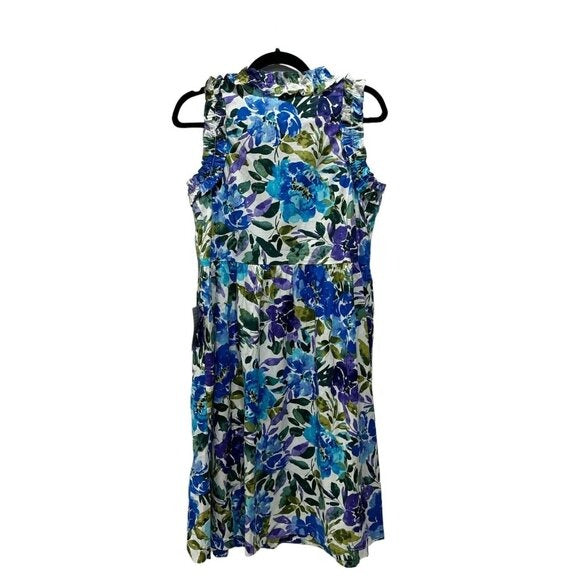 Floral Sleeveless Ruffle Dress By Maggy London Blue & Green US 6 Cotton Blend Made In Vietnam