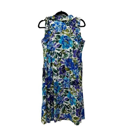 Floral Sleeveless Ruffle Dress By Maggy London Blue & Green US 6 Cotton Blend Made In Vietnam