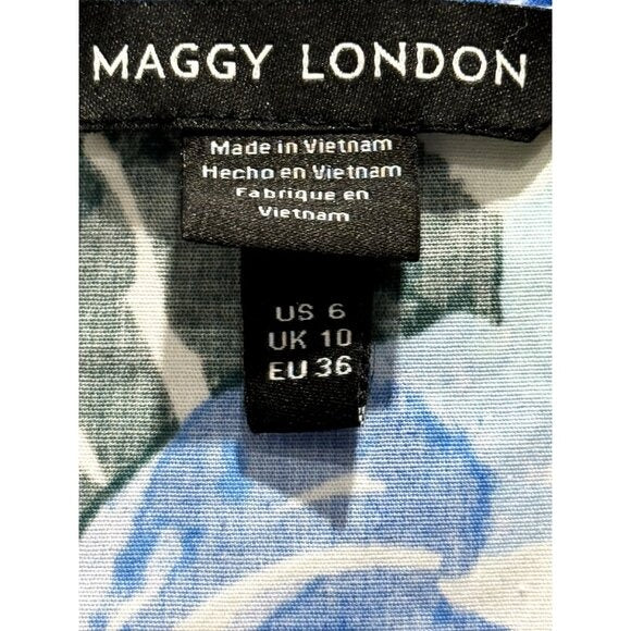Floral Sleeveless Ruffle Dress By Maggy London Blue & Green US 6 Cotton Blend Made In Vietnam