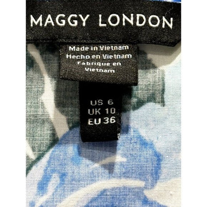 Floral Sleeveless Ruffle Dress By Maggy London Blue & Green US 6 Cotton Blend Made In Vietnam