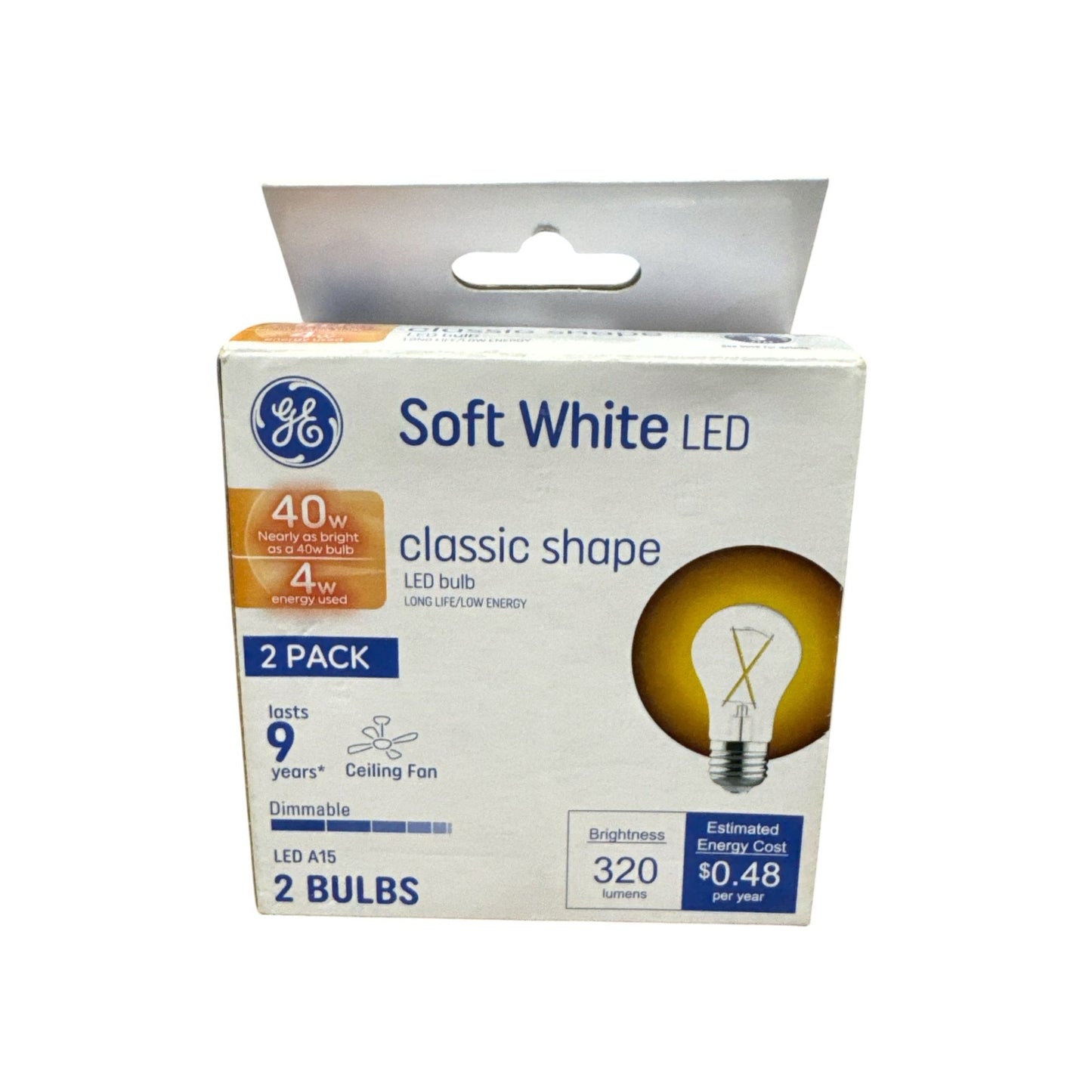 GE Soft White LED Light Bulbs 40W Equivalent A15 Classic Shape Dimmable 2 Pack 320 Lumens Long-Lasting Energy-Efficient