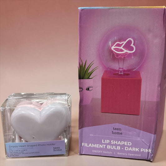 Heart & Lip LED Decor Bundle: Drippy Heart Photo Holder & Dark Pink Lip Filament Bulb Battery Operated USB Powered Teen Home