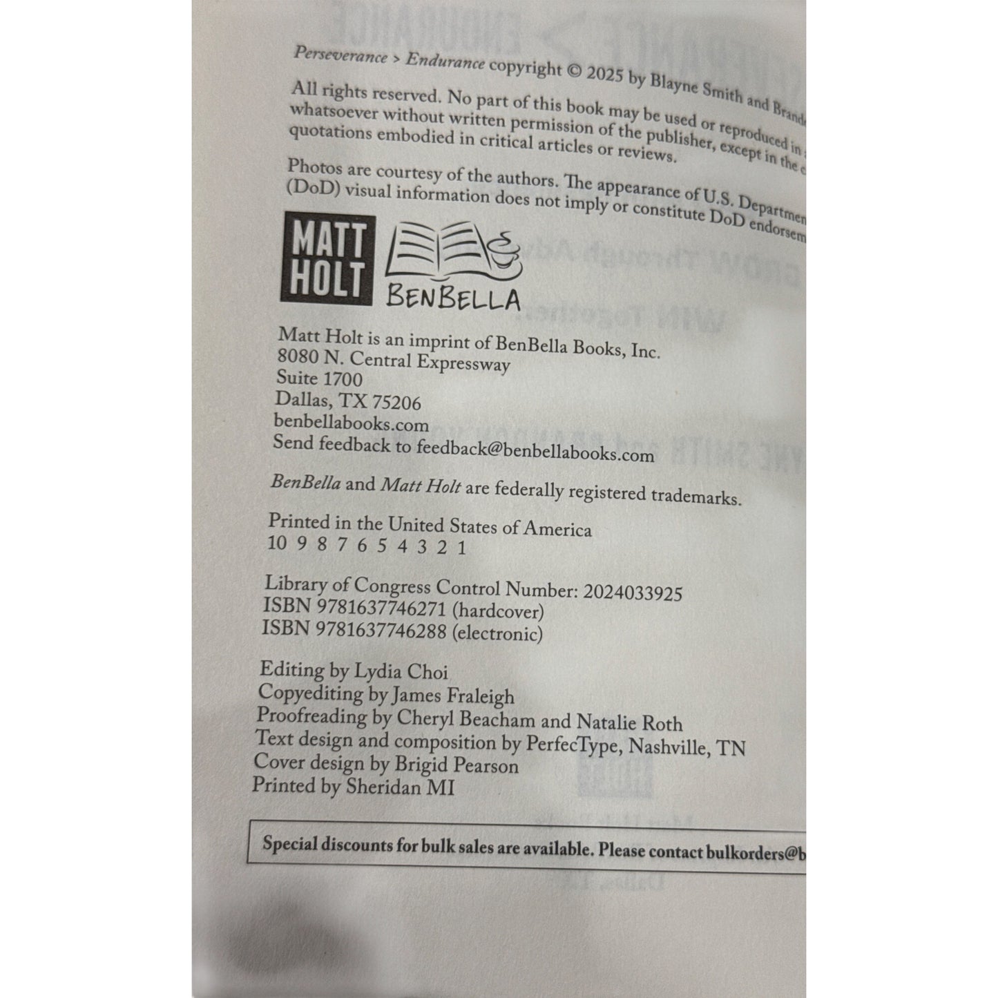 Perseverance > Endurance Hardcover Leadership Book By Blayne Smith & Brandon Young