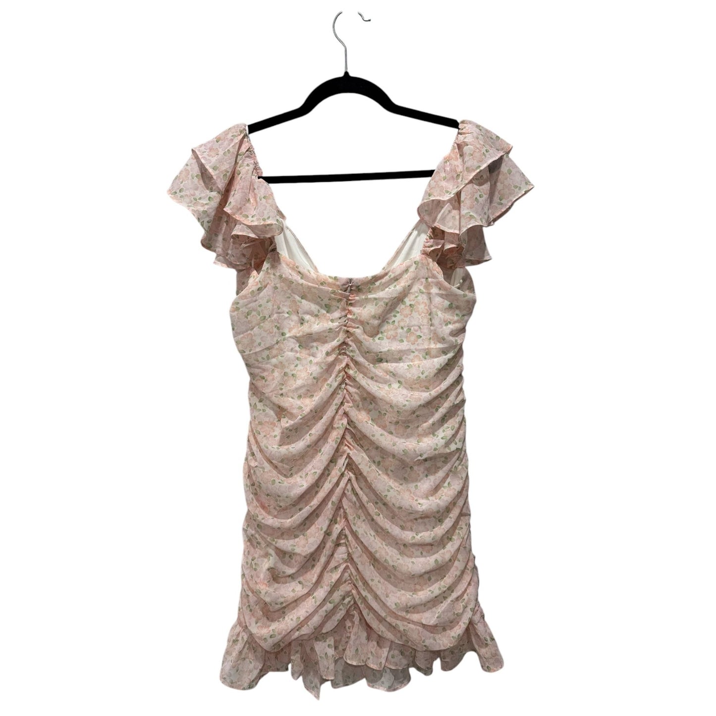 Elodie Pink Floral Ruched Mini Dress With Ruffle Sleeves XL Made In China