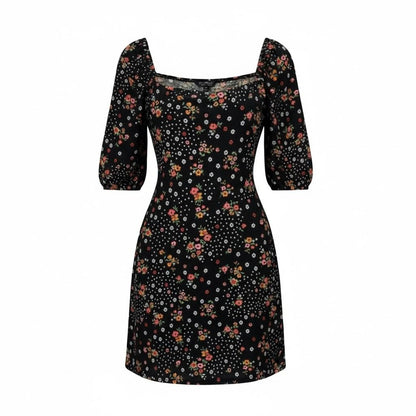 Floral Puff-Sleeve Mini Dress By Miss Selfridge Black Multicolor Sz US 4 Stretchy Fabric
