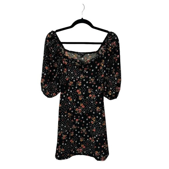 Floral Puff-Sleeve Mini Dress By Miss Selfridge Black Multicolor Sz US 4 Stretchy Fabric