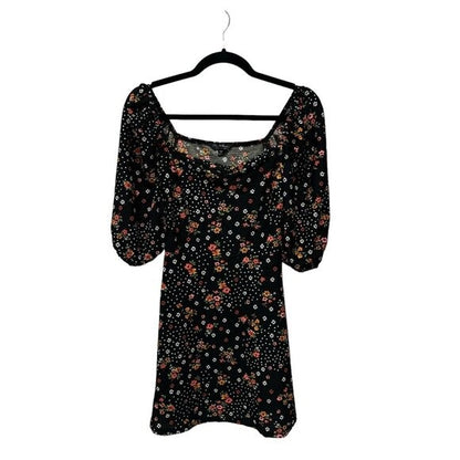Floral Puff-Sleeve Mini Dress By Miss Selfridge Black Multicolor Sz US 4 Stretchy Fabric
