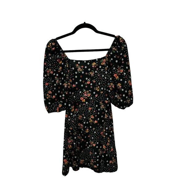 Floral Puff-Sleeve Mini Dress By Miss Selfridge Black Multicolor Sz US 4 Stretchy Fabric
