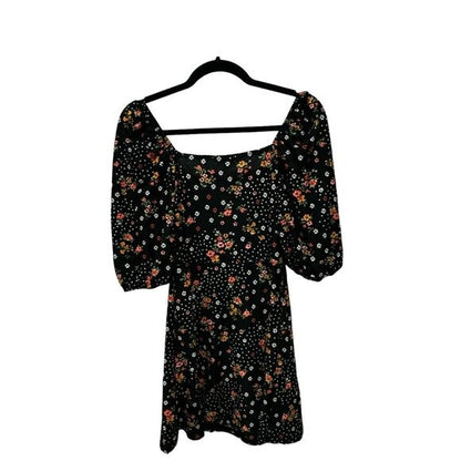 Floral Puff-Sleeve Mini Dress By Miss Selfridge Black Multicolor Sz US 4 Stretchy Fabric