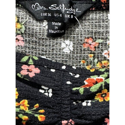 Floral Puff-Sleeve Mini Dress By Miss Selfridge Black Multicolor Sz US 4 Stretchy Fabric