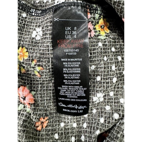 Floral Puff-Sleeve Mini Dress By Miss Selfridge Black Multicolor Sz US 4 Stretchy Fabric