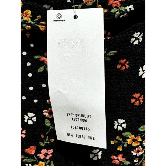 Floral Puff-Sleeve Mini Dress By Miss Selfridge Black Multicolor Sz US 4 Stretchy Fabric