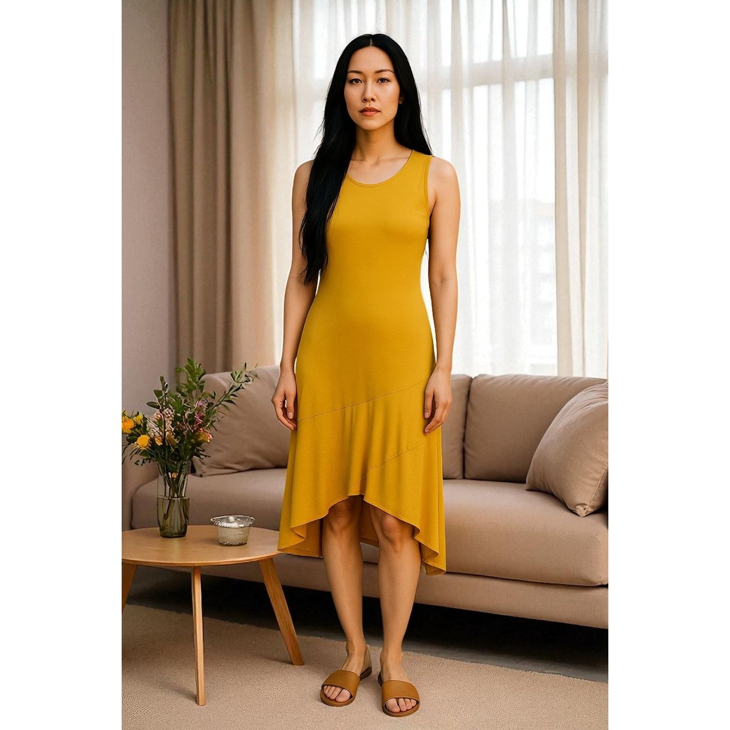 West K Mustard Asymmetrical Hem Sleeveless Dress Size Large