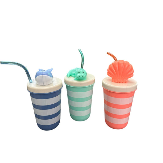 Striped Kids Travel Tumbler With Whale, Crocodile & Shell Lids - 3 Pack BPA-Free Fun Colors & Designs