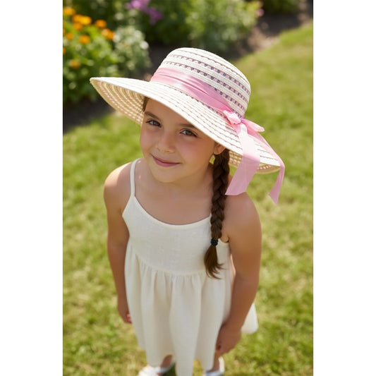 SET of 16 Wide Brim Straw Hats With Pink Ribbon Bow For Girls