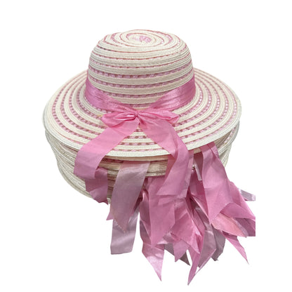 SET of 16 Wide Brim Straw Hats With Pink Ribbon Bow For Girls