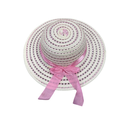 SET of 16 Wide Brim Straw Hats With Pink Ribbon Bow For Girls