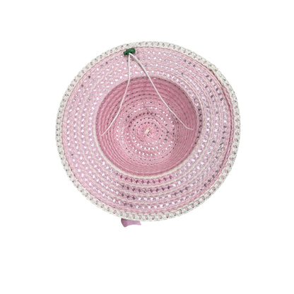 SET of 16 Wide Brim Straw Hats With Pink Ribbon Bow For Girls
