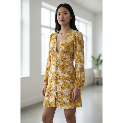 Billabong Women's Yellow Floral Long Sleeve Mini Dress Button Front Size L
