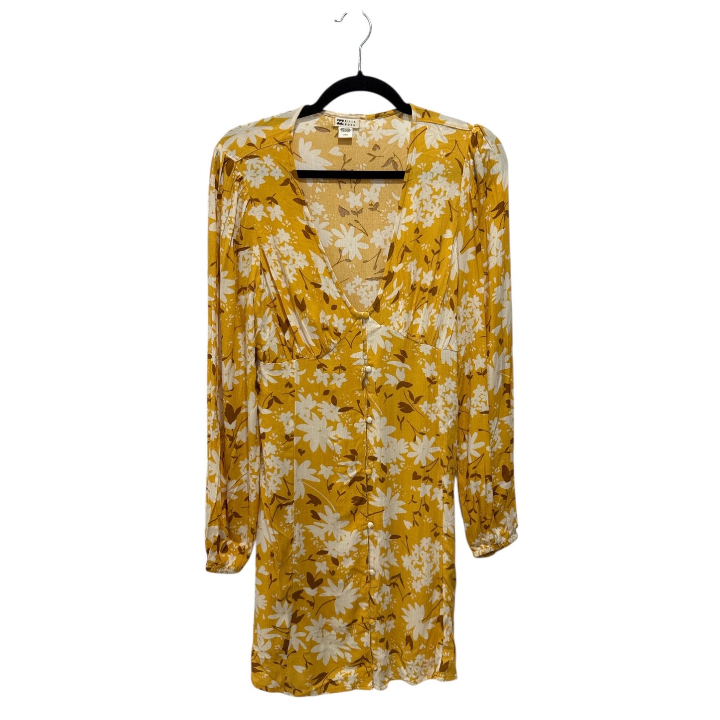 Billabong Women's Yellow Floral Long Sleeve Mini Dress Button Front Size L