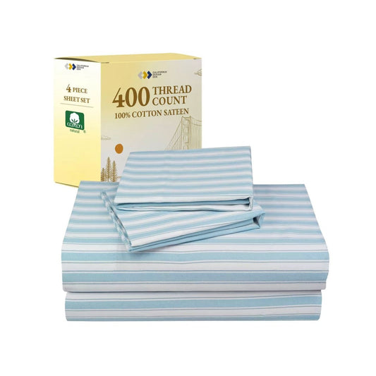 California Design Den Queen Sheet Set 400TC 100% Cotton Sateen Cape Stripe White/Blue
