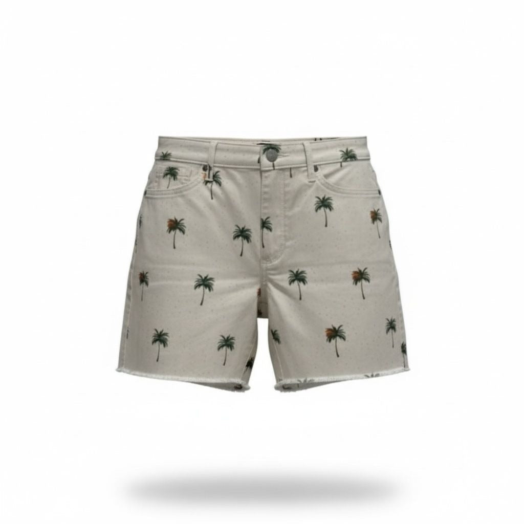 NYDJ Women's Palm Tree Print Denim Shorts With Lift Tuck Technology Size 8P Beige Distressed Hem