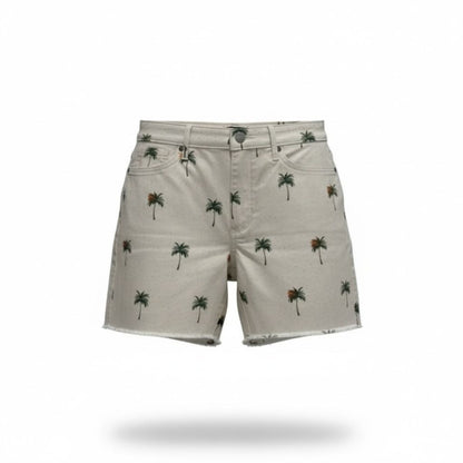 NYDJ Women's Palm Tree Print Denim Shorts With Lift Tuck Technology Size 8P Beige Distressed Hem