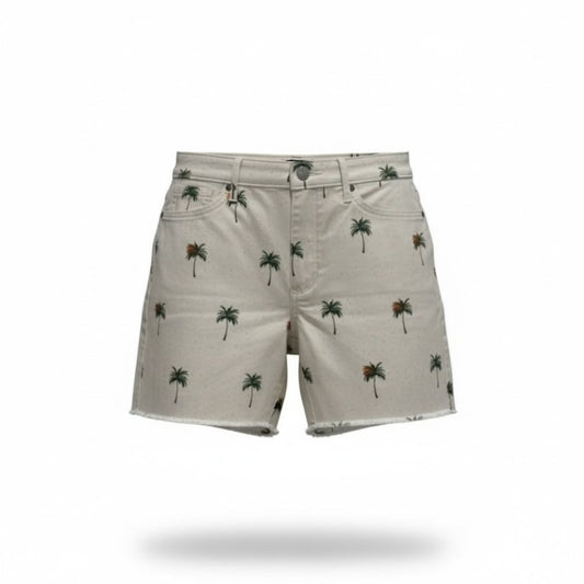 NYDJ Women's Palm Tree Print Denim Shorts With Lift Tuck Technology Size 8P Beige Distressed Hem