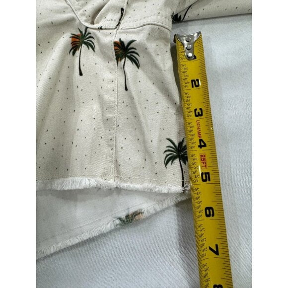 NYDJ Women's Palm Tree Print Denim Shorts With Lift Tuck Technology Size 8P Beige Distressed Hem