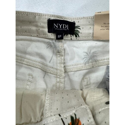 NYDJ Women's Palm Tree Print Denim Shorts With Lift Tuck Technology Size 8P Beige Distressed Hem