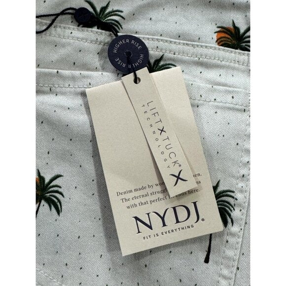 NYDJ Women's Palm Tree Print Denim Shorts With Lift Tuck Technology Size 8P Beige Distressed Hem