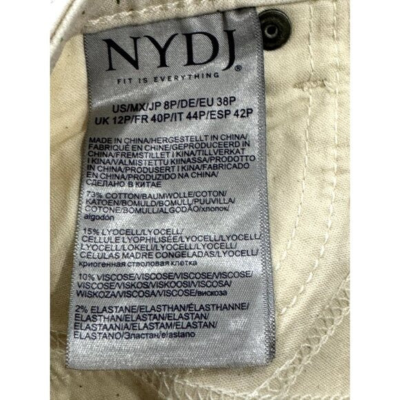 NYDJ Women's Palm Tree Print Denim Shorts With Lift Tuck Technology Size 8P Beige Distressed Hem