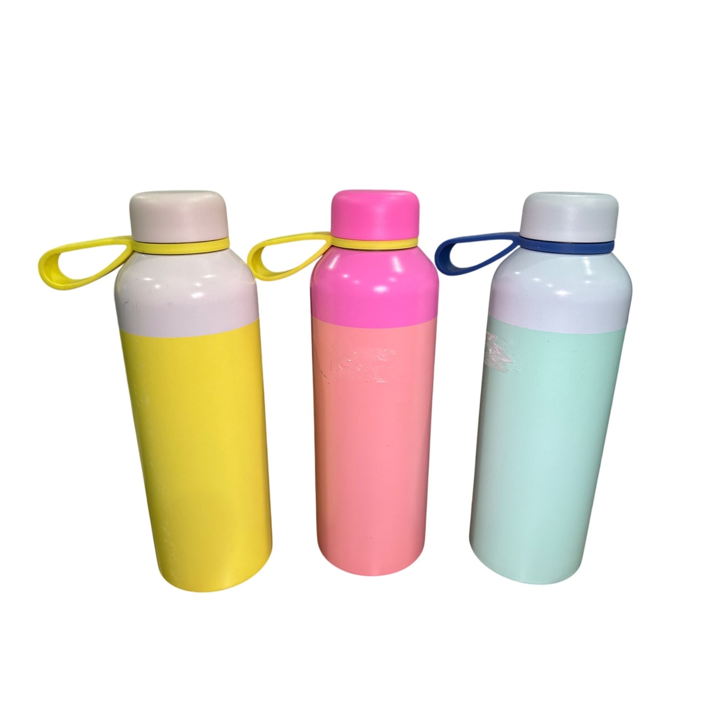 Colorful Set of 3 Double Wall Stainless Steel Bottles 21oz With Loop Cap - Yellow, Pink & Mint