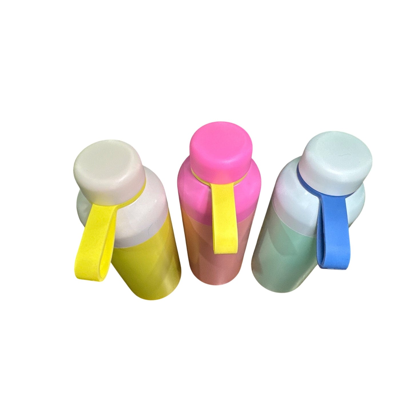 Colorful Set of 3 Double Wall Stainless Steel Bottles 21oz With Loop Cap - Yellow, Pink & Mint