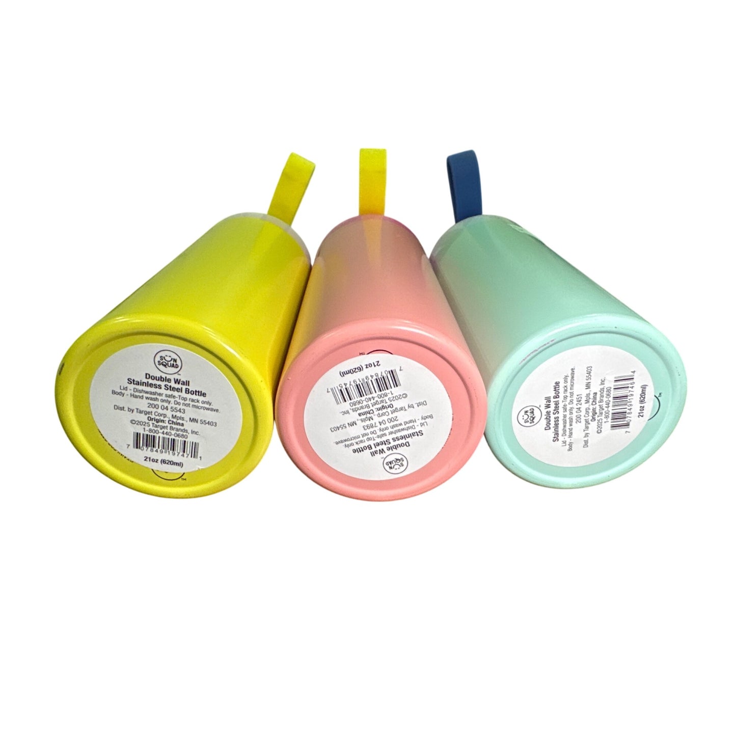 Colorful Set of 3 Double Wall Stainless Steel Bottles 21oz With Loop Cap - Yellow, Pink & Mint