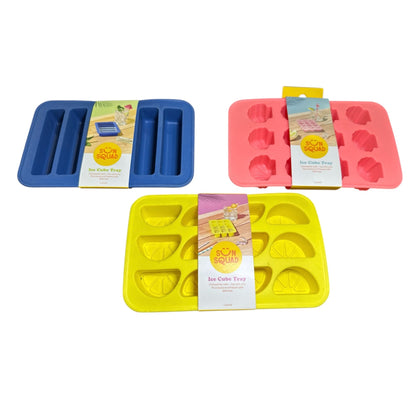 Sun Squad Silicone Ice Cube Trays Set Of 3 - Blue, Yellow & Pink - BPA Free Dishwasher Safe Fun Shapes