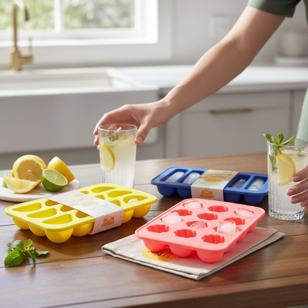 Sun Squad Silicone Ice Cube Trays Set Of 3 - Blue, Yellow & Pink - BPA Free Dishwasher Safe Fun Shapes