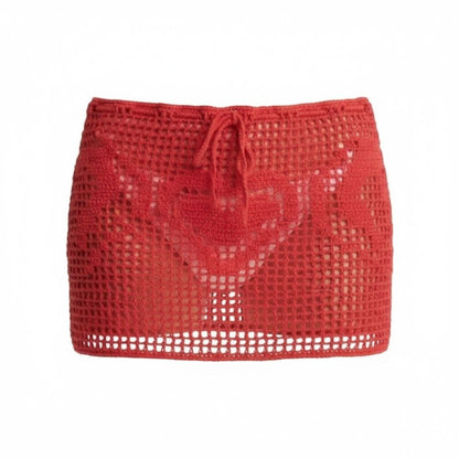 Memorial Day Women's Red Crochet Mini Skirt With Heart Pattern Size 3 Handmade 100% Cotton Blend