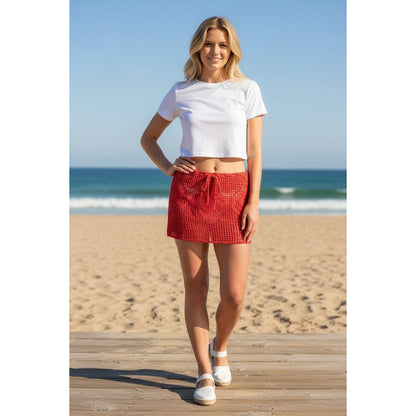 Memorial Day Women's Red Crochet Mini Skirt With Heart Pattern Size 3 Handmade 100% Cotton Blend