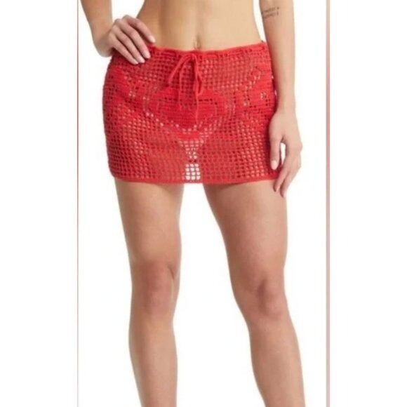 Memorial Day Women's Red Crochet Mini Skirt With Heart Pattern Size 3 Handmade 100% Cotton Blend