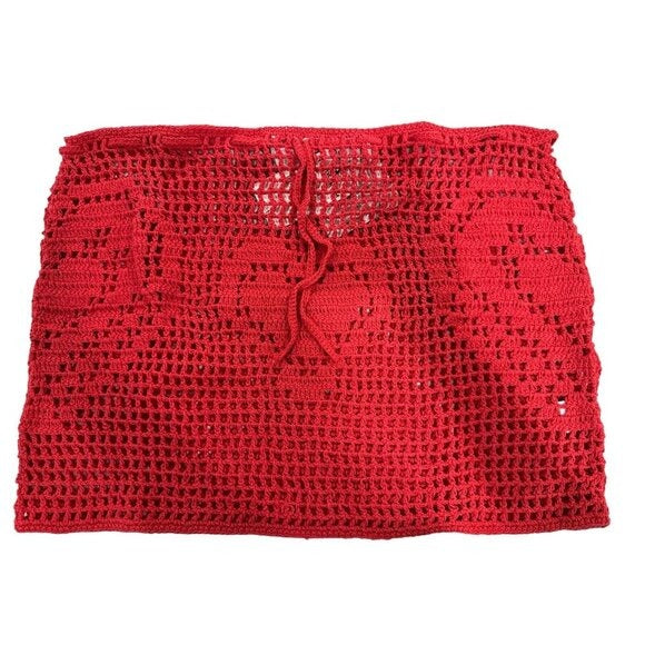 Memorial Day Women's Red Crochet Mini Skirt With Heart Pattern Size 3 Handmade 100% Cotton Blend