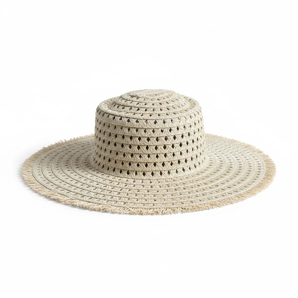 Wide-Brim Straw Sun Hat With Adjustable Fit & Fringe Detail By A New Day Natural L/XL 57-61cm