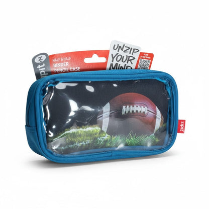 Zipit Half & Half Binder Pencil Case Football Design Blue & Clear Multiple Compartments Durable Unzip Your Mind