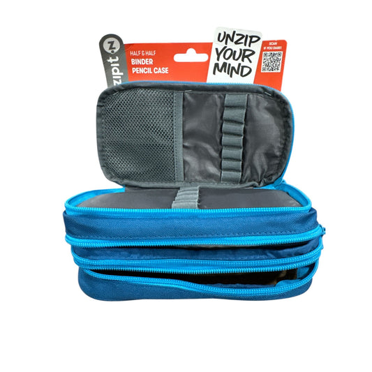 Zipit Half & Half Binder Pencil Case Football Design Blue & Clear Multiple Compartments Durable Unzip Your Mind