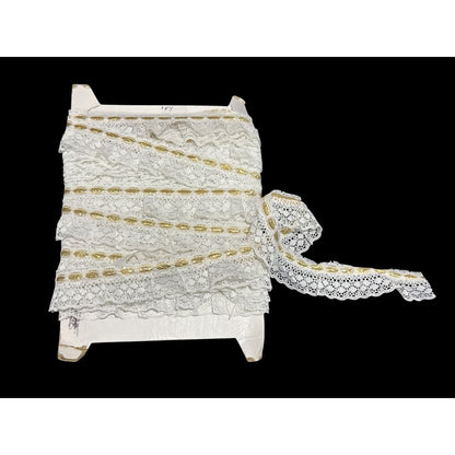 Gold & White Lace Trim 18 Yards On Card Spool With Ruffled Detailing For Sewing & Crafts 15 yards