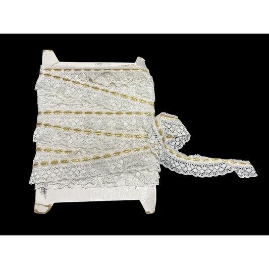 Gold & White Lace Trim 18 Yards On Card Spool With Ruffled Detailing For Sewing & Crafts 15 yards