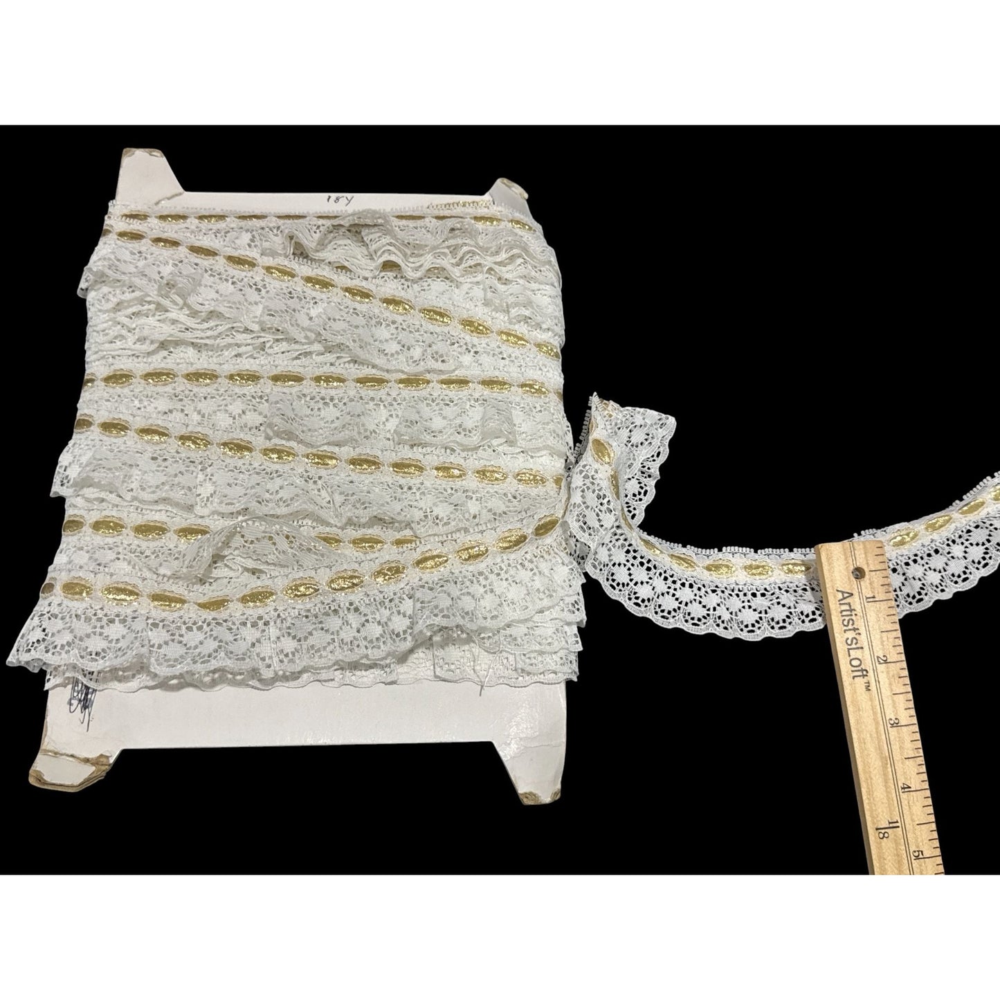 Gold & White Lace Trim 18 Yards On Card Spool With Ruffled Detailing For Sewing & Crafts 15 yards